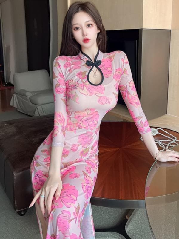 七分袖 ロング チャイナドレス ダンス 服 スリット