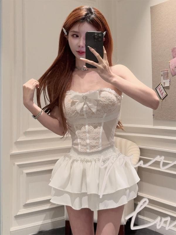 ファッション 服 オシャレ カワイイ シンプル 大カワイイ サイズ 婦服 レース ステッチ サスペンダー チューブ トップスス ップス スリム スカート スーツ