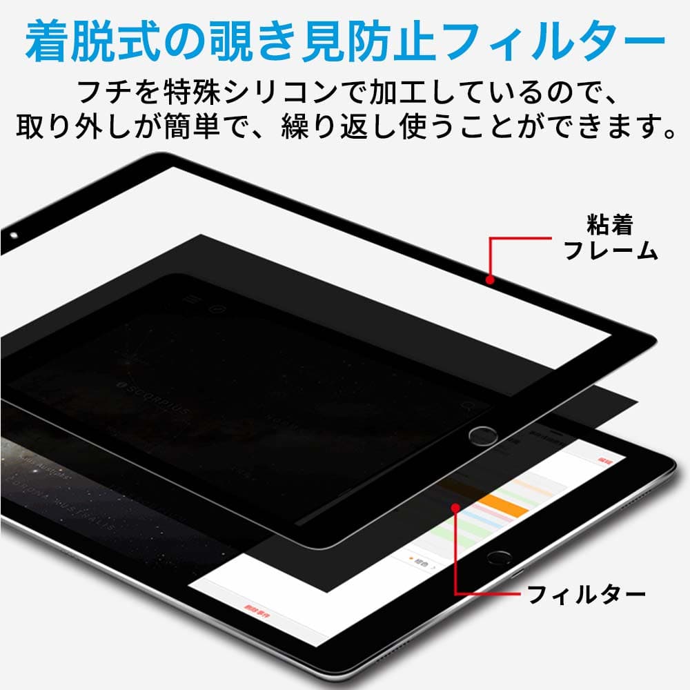 【お買い物マラソンポイント2倍】 iPad Pro 11 ( 2022 第4世代 M2 ) / iPad Air 5 (2022)/ iPad Air4 (2020) 対応 （縦向タイプ） 覗き見防止 着脱式 プライバシーフィルター ブルーライトカット保護フィルム 反射防止 粘着式 タッチスクリーン対応 thumbnail 2