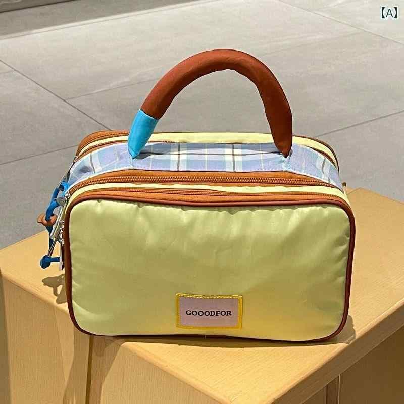 ポーチ メイク 収納 大容量 カラーブロック ポータブル 旅行用 洗面用 化粧品 手提げ 鞄 軽量 伸縮性 吸湿速乾 ブラック ピンク系 アイボリー 春夏 秋冬