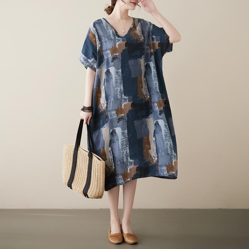 ワンピース レディース 夏 レトロプリント カジュアル ビッグサイズ コットン 麻 Vネック ミディアム丈 スリムシルエット 吸湿速乾 軽量 普段使い