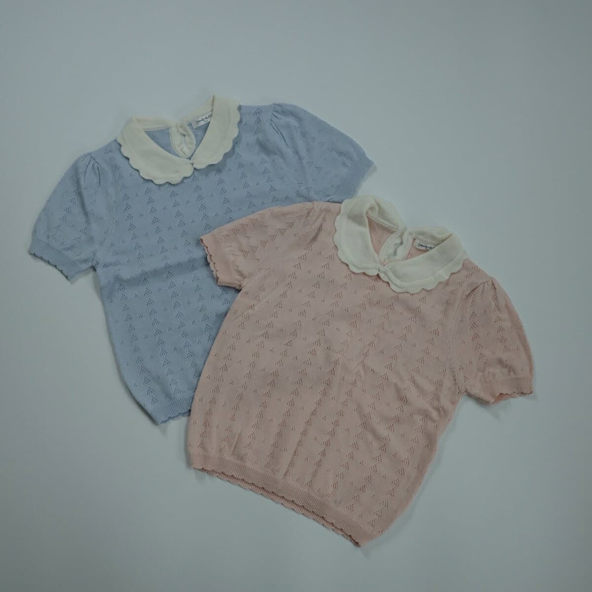 キッズ ベビー 女の子 トップス scalloped collar lace knitting tops レース 透かし編み スカラップ 襟 ニット コットン 半袖 パフスリーブ 可愛い 80cm 90cm 100cm 110cm 120cm インポート 海外 輸入 子供服 春 夏 秋 送料無料 thumbnail 2
