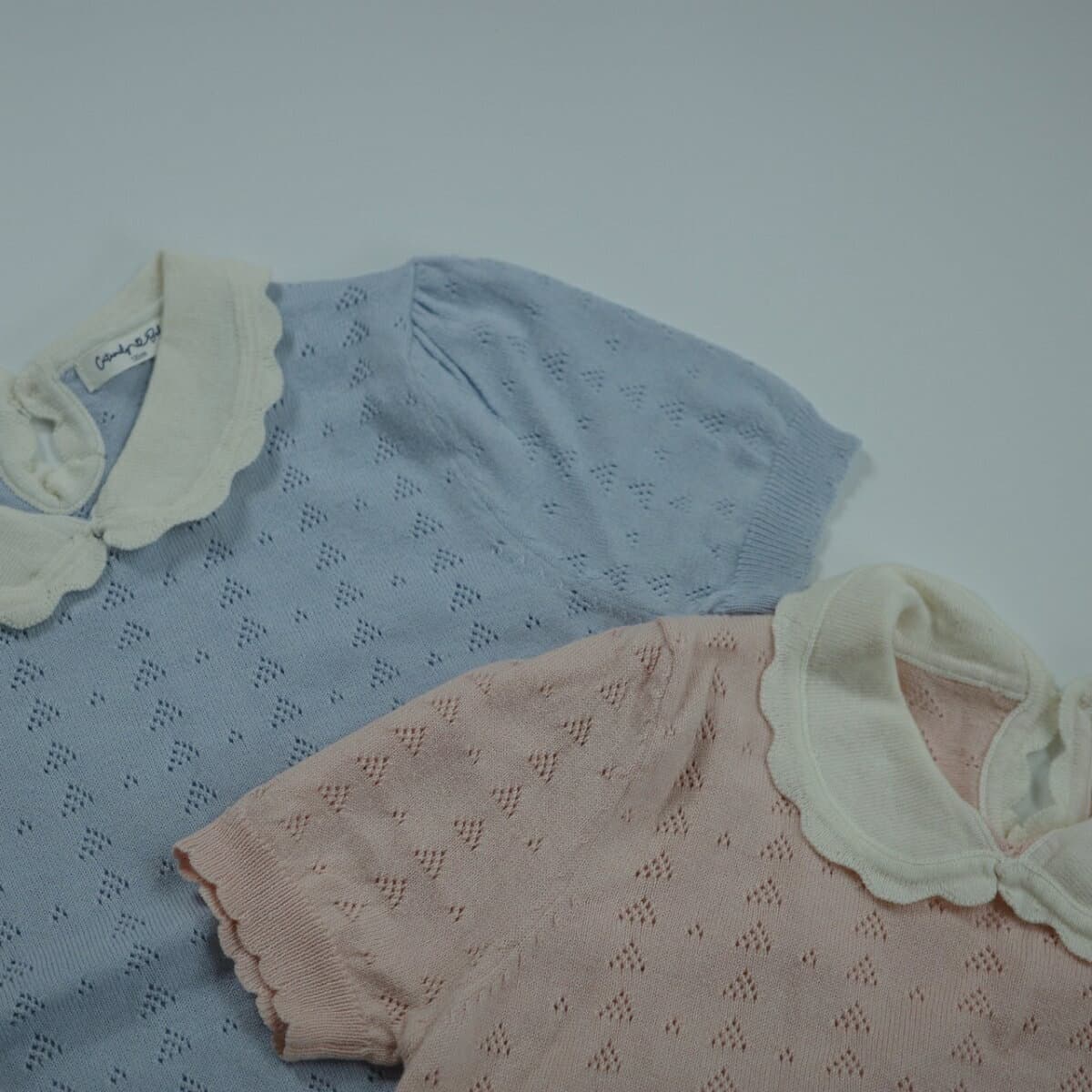 キッズ ベビー 女の子 トップス scalloped collar lace knitting tops レース 透かし編み スカラップ 襟 ニット コットン 半袖 パフスリーブ 可愛い 80cm 90cm 100cm 110cm 120cm インポート 海外 輸入 子供服 春 夏 秋 送料無料 thumbnail 3