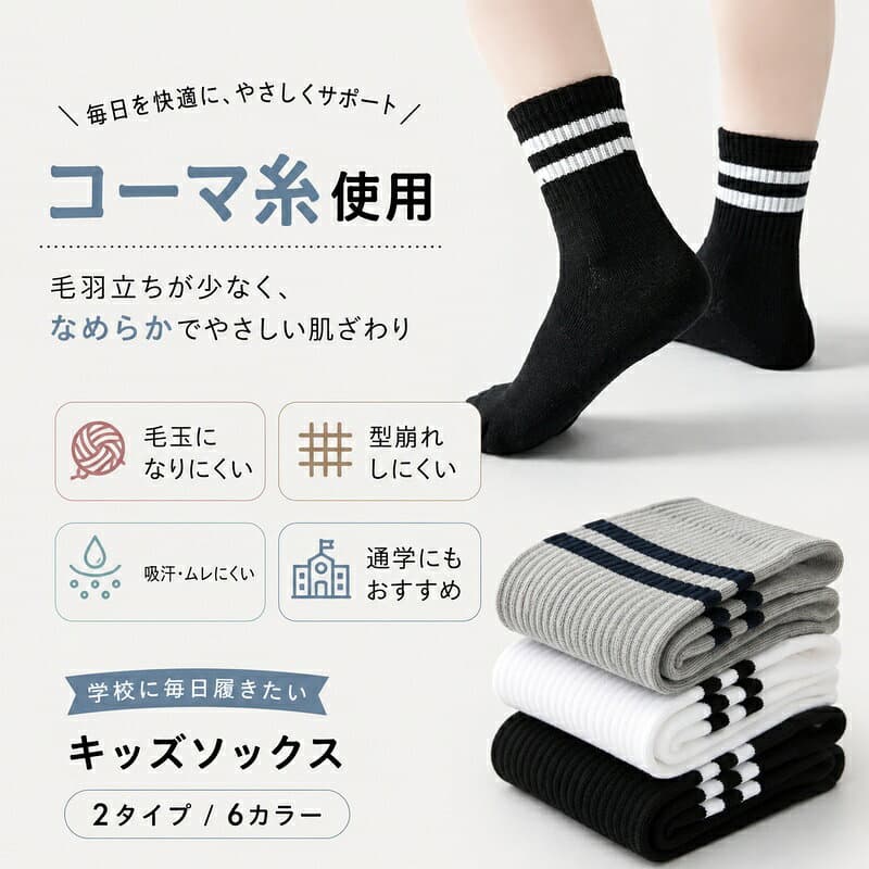【10/4 20時〜★マラソンクーポン配布】【5足以上で送料無料】靴下 キッズ 男の子 女の子 ジュニア スクールソックス 白 黒 小学生 丈夫 二本ラインソックス くつ下 ボーイズ ガールズ 綿混 オシャレ 洗い替え 入園 入学 入園グッズ 入園セット 入学セット 春 夏 thumbnail 2