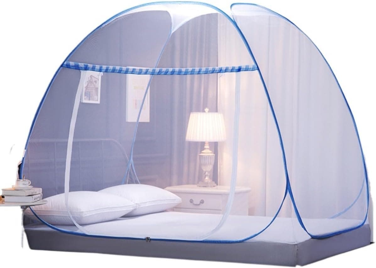 蚊帳 折りたたみ式 ワンタッチ 底生地付き 両面ファスナー ポリエステル 18針 密度が高い 虫よけ 蚊よけ 収納便利 かや ムカデ ベビー 赤ちゃん シングル ダブル キャンプ 3畳 ブルー 全方位