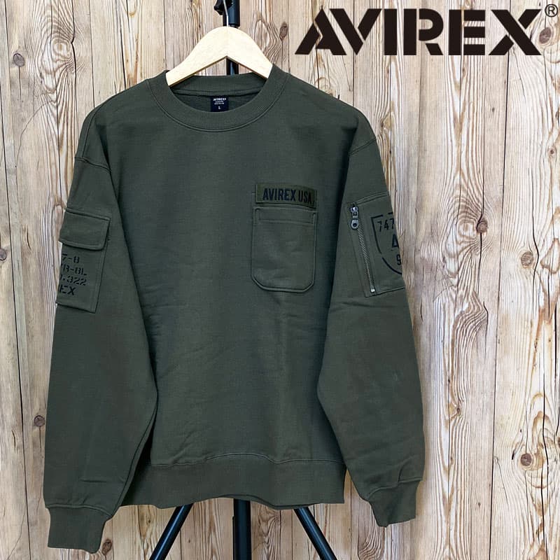 送料無料 AVIREX アヴィレックス FATIGUE クルーネック スウェット 783-3932004 ファティーグ スウェット シャツ ポケット付き トレーナー FATIGUE SWEAT SHIRTS アビレックス メンズ 長袖 トップス MC