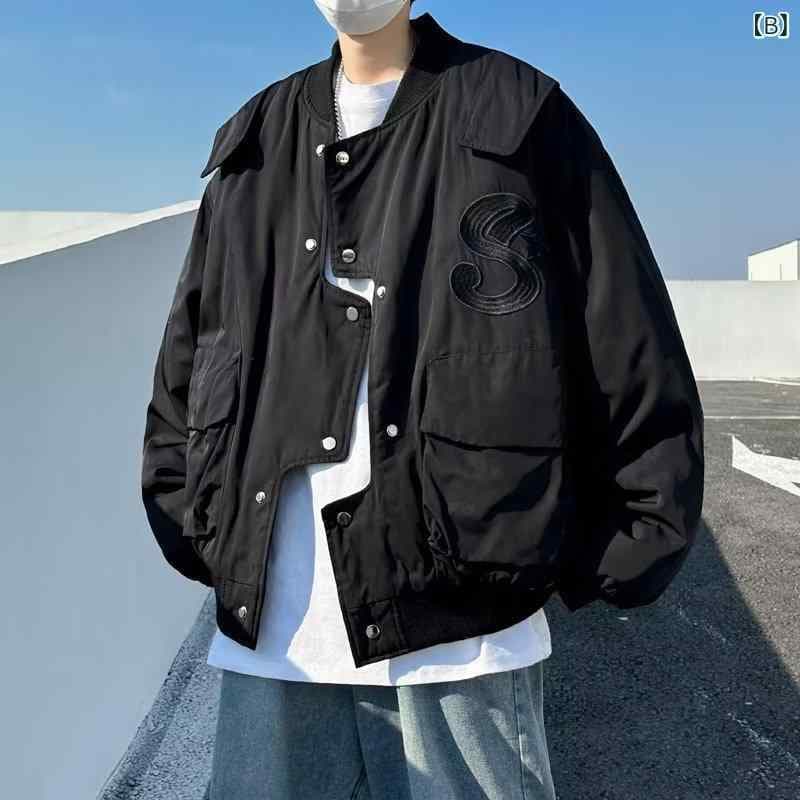 メンズ ジャケット 春秋 飛行員風 ワークコート 短丈 棒球風 コットン混紡 ポリエステル裏地 立襟 ワイドシルエット シングルブレスト 薄手 無地 ステッチ切り替え 直裾 立体ポケット 長袖 直袖 赤 黒 耐摩耗 透気性 色牢度 イージーアイロン ゆっ thumbnail 3