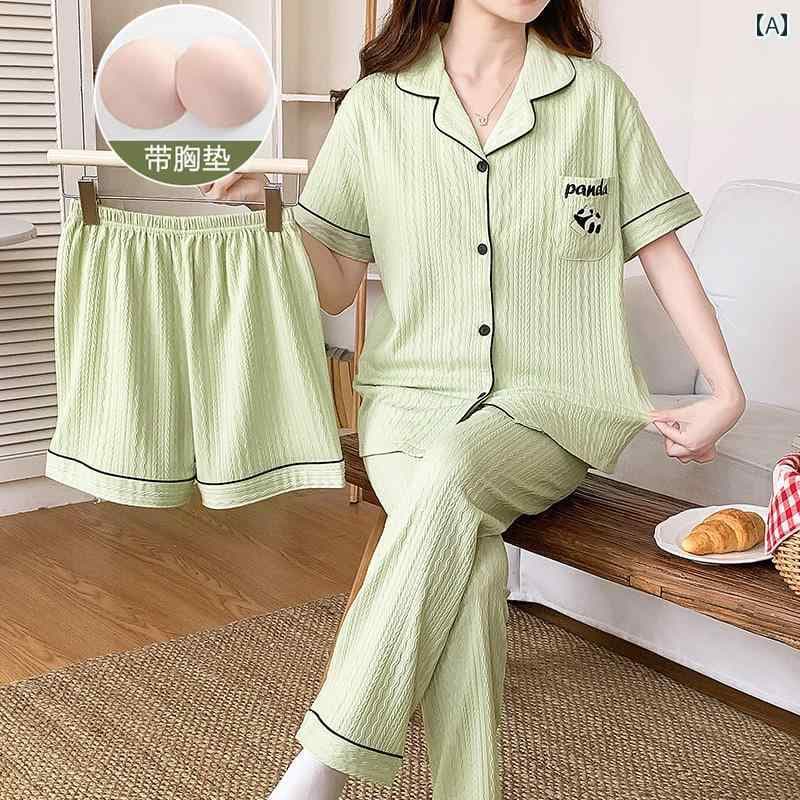 　パジャマ　レディース　上下 2024夏 パジャマ レディース コットン シンプル グリーン カーディガン 胸 パッド 付き 半袖 ズボン スリーピース ホームウェア