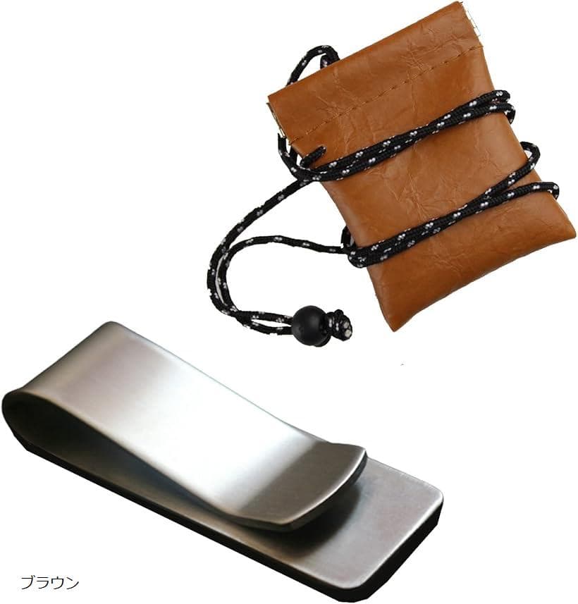 マネークリップ お札はさみ コンパクト 財布 ステンレス お金ホルダー ＆ 小銭入れ ブラウン