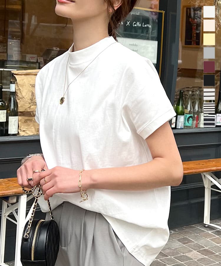 Tシャツ レディース 半袖 綿100% 綿 ゆったり トップス フレンチスリーブ 大きいサイズ 無地 白 春 夏 ハイネック モックネック クルーネック かわいい 可愛い カジュアル ピンク [C4819] 【送料無料】【メール便】