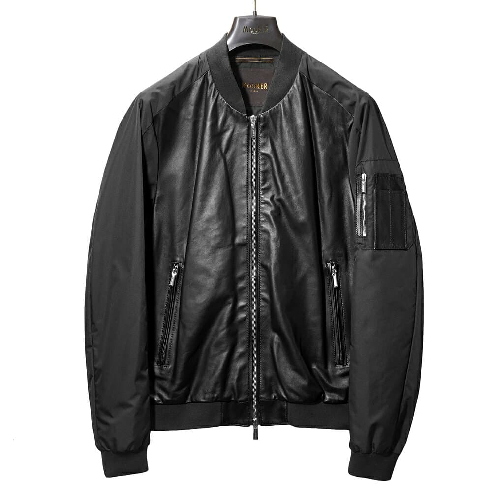 【返品不可】ムーレー MOORER レザーコンビ ボンバージャケット EDISON-PEK ma-1 レザー 切り替え メンズライトアウター ma1 ブルゾン メンズ エジソン ミリタリージャケット ライトアウター ブランド ナッパレザー ナイロン ミリタリー アウター NERO ブラック 黒 おしゃれ thumbnail 2