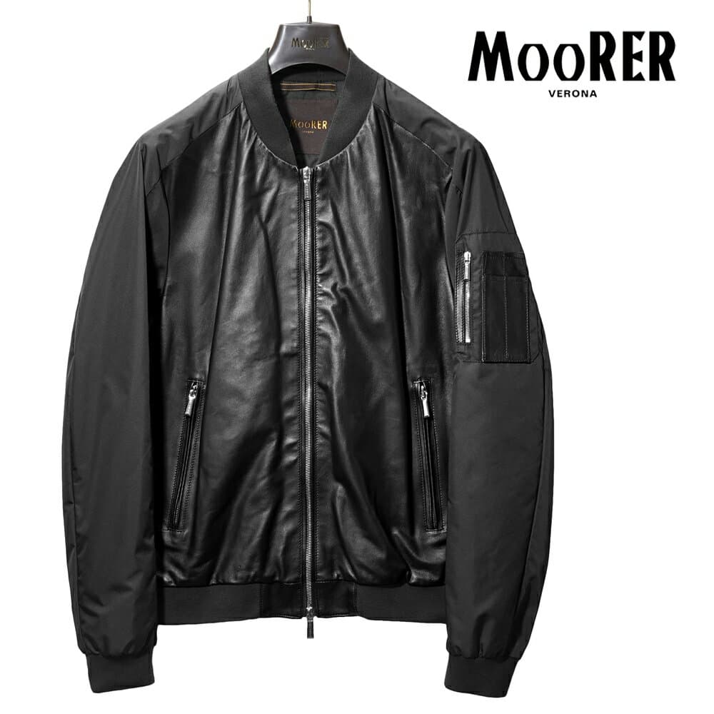 【返品不可】ムーレー MOORER レザーコンビ ボンバージャケット EDISON-PEK ma-1 レザー 切り替え メンズライトアウター ma1 ブルゾン メンズ エジソン ミリタリージャケット ライトアウター ブランド ナッパレザー ナイロン ミリタリー アウター NERO ブラック 黒 おしゃれ