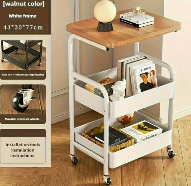 3段ローリングストレージカート、デスクトップ付き、金属ツール&スナックラック、耐久性のある炭素鋼フレーム、簡単に移動できるホイール、家庭やオフィスでの使用に適しています、ローリングストレージカート、ユーティリティカート