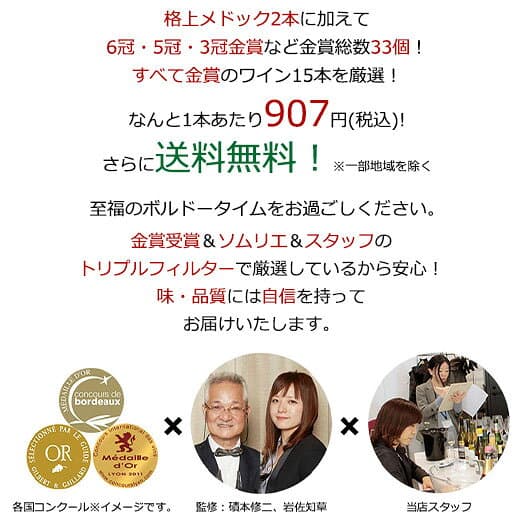 【送料無料】 格上メドック2本＆多金賞入り!ボルドー金賞赤ワイン15本セット 第30弾 赤ワイン ワインセット 【W05742】| 金賞受賞 飲み比べ wine wainn フルボディ お買い得 パーティー ギフト thumbnail 3