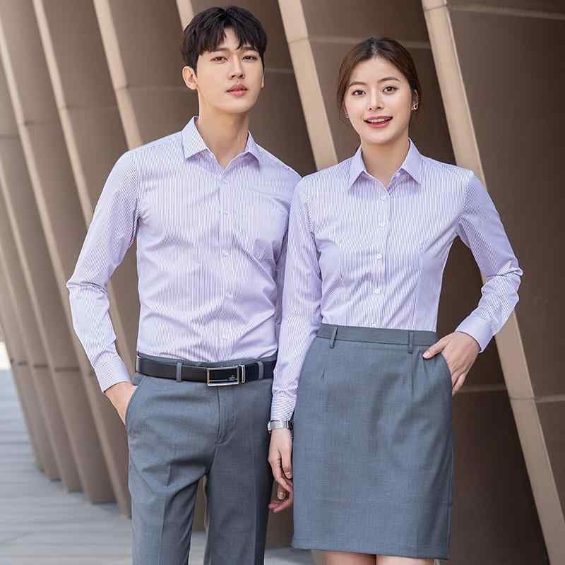 シャツ レディース メンズ ブルー ストライプ 長袖 刺繍 男女兼用 ビジネス オフィス 通勤 ユニフォーム レギュラーカラー