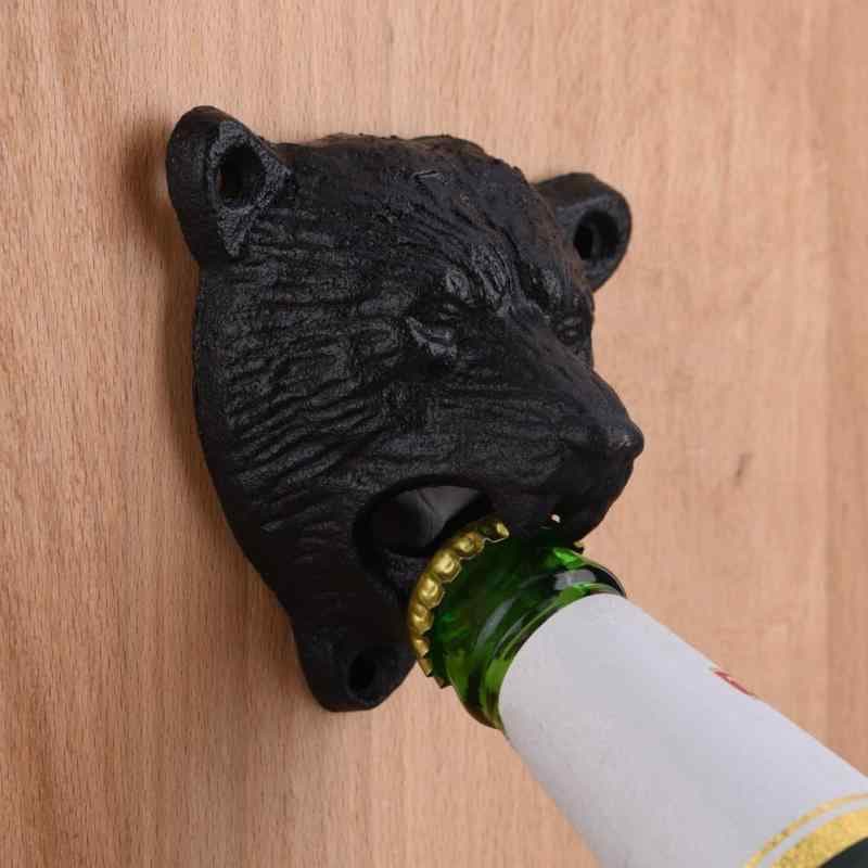 栓抜き 壁掛け 鋳鉄製 クマモチーフ おしゃれ レトロ アンティーク風 ビール用 ウォールマウント キッチン雑貨 インテリア雑貨