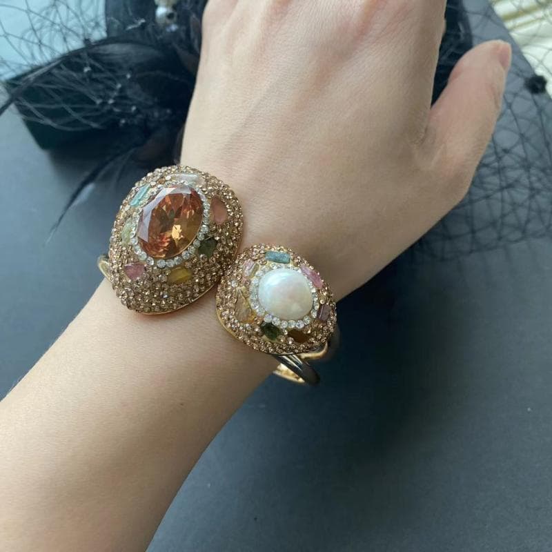 ブレスレット バングル 電気メッキ加工 オープンデザイン 天然バロックパール スルタン石 トルマリン 合金 欧米 レトロ ヴィンテージ 個性的 甘辛スタイル 春夏 定番