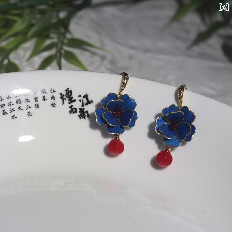 イヤリング レディース ベルベットフラワー 七宝焼き風 レトロ 中華風 花モチーフ 揺れる ドロップピアス チャイナドレス 漢服 和装 アンティーク アクセサリー