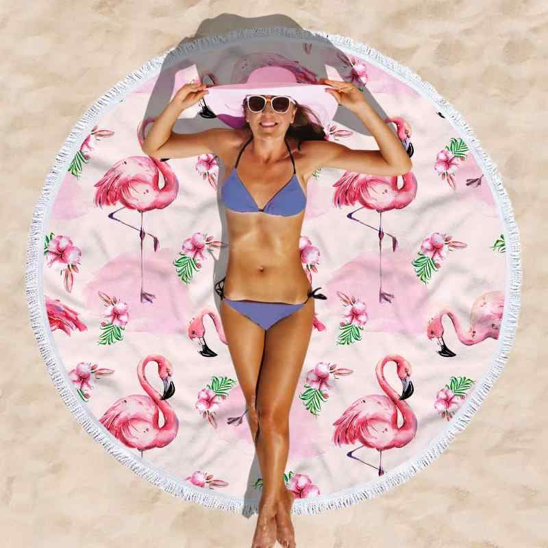 ビーチタオル マイクロファイバー 大判 吸水 速乾 ラウンド 3D デジタルプリント フラミンゴ柄 多機能 ショール ひざ掛け ランチョンマット レジャー アウトドア ピクニック インテリア かわいい おしゃれ