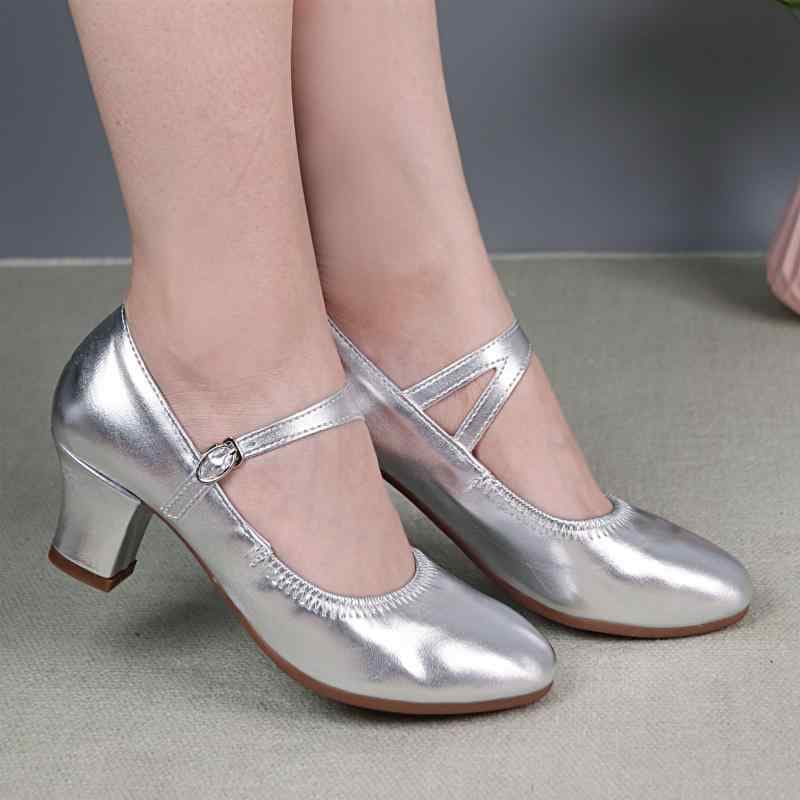 ダンスシューズ レディース 軽量 柔らかい底 通気性 ミドルヒール 牛筋底 広場ダンス 社交ダンス モダンダンス用 合成皮革 シニア ミセス向け オールシーズン シルバー レッド ブラック