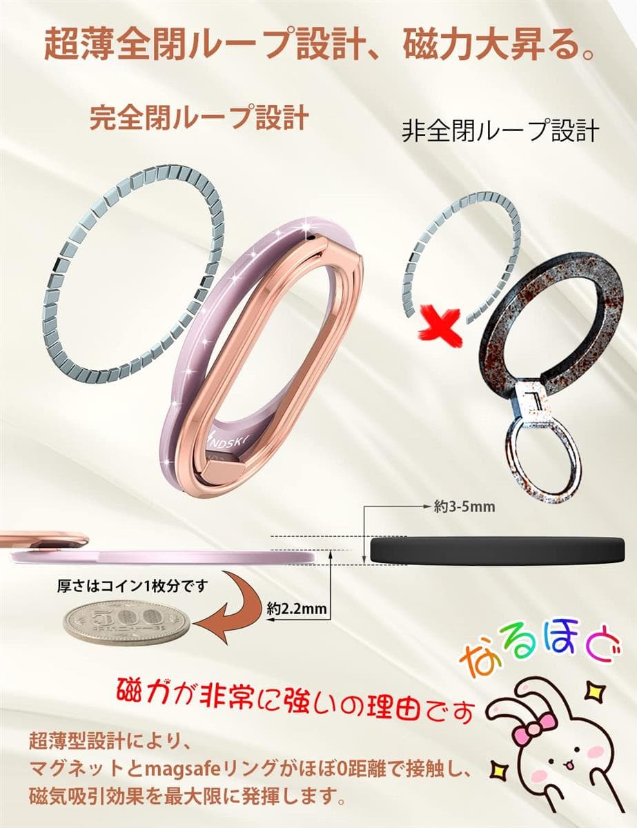 スマホリング MagSafe対応 バンカーリング アルミ合金製 2段階調整 取り外し可能 iPhone16/15/14/13/12シリーズ用 Mindsky thumbnail 2