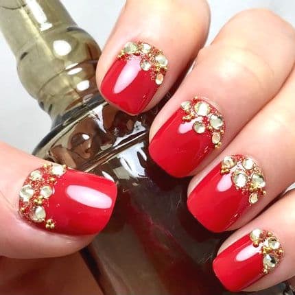 ☆ビジュー逆フレンチネイル☆レッド 真っ赤 ゴールドラメ グリッター キラキラ カラーストーン パーディードレス着物成人式 繰り返し使える貼るだけ簡単便利 ネイリスト作成 ハンドメイド ネイルチップnail短いつけ爪付け爪 使いやすい自爪感覚ベリーショート