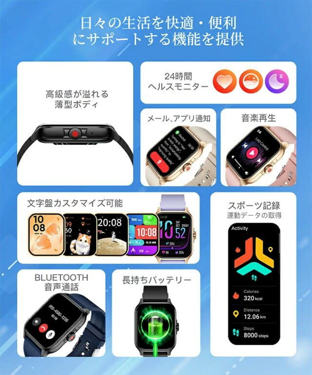 2026新発売 スマートウォッチ 通話機能 着信通知 1.85インチ レディース メンズ 日本製センサー 腕時計 android iphone ブレスレット 血中酸素 心拍計 LINE Twitter SNS 運動データ 睡眠 歩数 IP67 防水 3ATM防水 母の日 父の日 敬老の日 プレゼント thumbnail 2