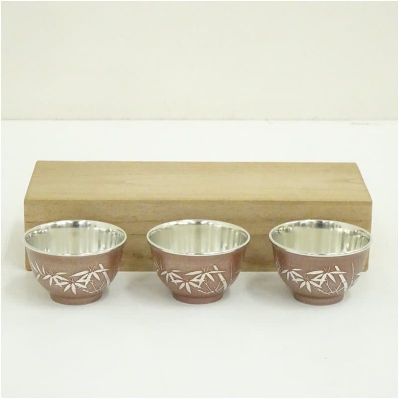 【中古】【金属】本錫製　盃3客セット（95g）（保護箱） 酒器 おしゃれ さかずき お酒 日本酒 料理 旅館 インテリア 骨董 和食器 料亭 居酒屋 来客