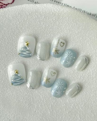 LemiVibe·「雪華」ネイルチップショート短め青水色100%ハンドメイド貼るだけネイルつけづめつけ爪人気可愛い韓国ジェルネイルネイルシールセルフネイルネイルステッカーおうちネイルネ…