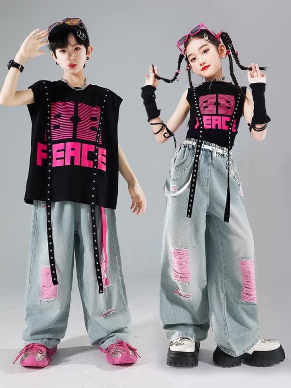 ダンス衣装 キッズ 男の子 女の子 ヒップホップ ストリート ジャズダンス 発表会 ステージ セットアップ 上下セット ベスト ロング丈 デニムパンツ ポリエステル ソフト素材 ブラック ピンク クール
