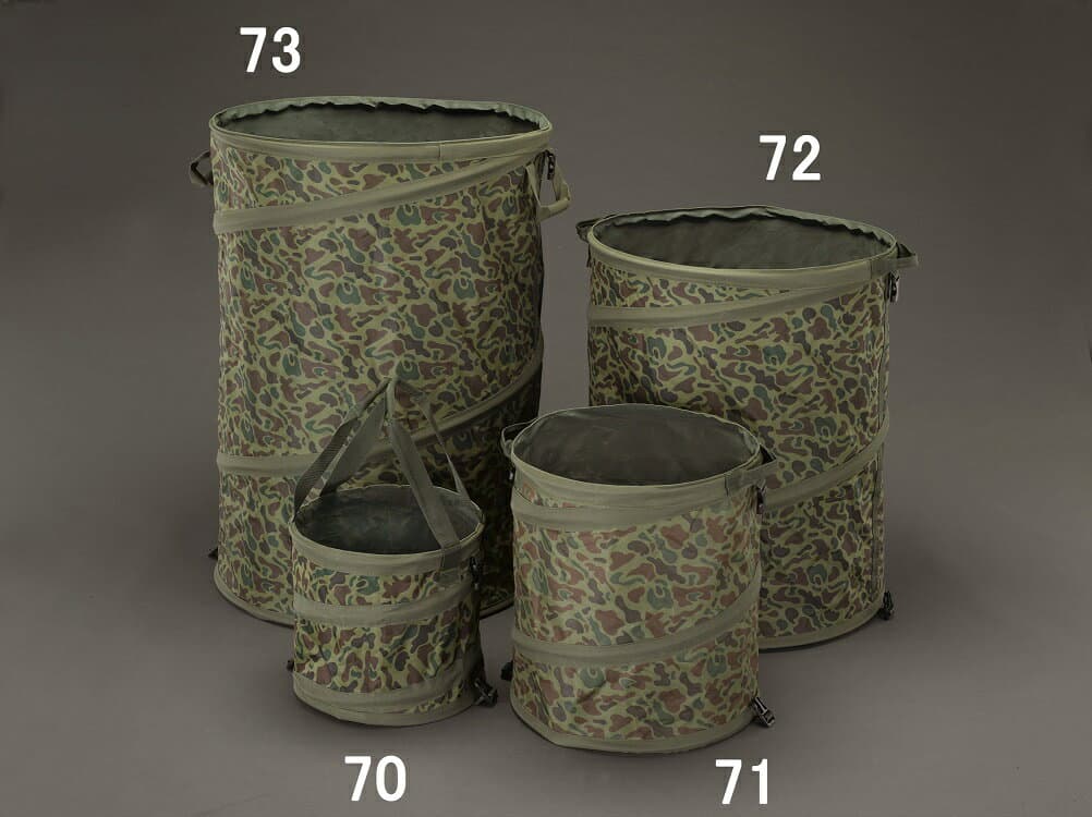 迷彩柄自立型収納袋（スプリング入）φ300X300(H)　21L　水抜け穴付、水は溜められません。　50925m-70