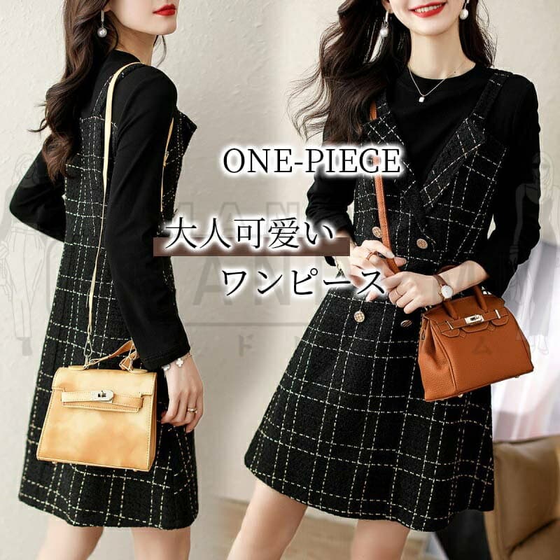 ジャンパースカート Vネック 上品 秋冬 冬 きれいめ カジュアル 韓国 ワンピース レディース 春 ショート丈 ジャンスカ ジャンパースカート Aライン チェック柄 ノースリーブ エレガント 重ね着 レイヤード 体型カバー 可愛い 大きいサイズ おしゃれ 着痩せ 40代 50代