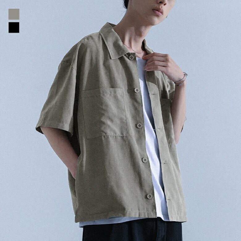 【クーポンで20%OFF 10/9 1:59迄】シャツ 半袖 メンズ 春 夏 トップス 黒 グレー M L カジュアルシャツ 五分袖 羽織 ステンカラー セットアップ対応 レイヤード 重ね着 ポケット ポリスエード 大きいサイズ オシャレウォーカー※メール便可※【10】