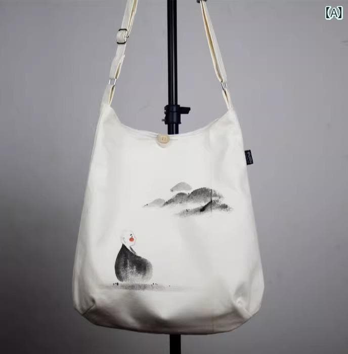 斜め 掛け ショルダー バッグ 大きめ ハンド メッセンジャー 布 キャンバス ポケット ロータス 文字 手描き メンズ レディース 巡礼 僧侶 寺院 在家者 瞑想 レトロ 31x34 cm