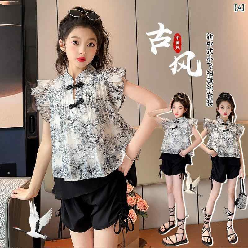 子供服 女の子 セットアップ おしゃれ カジュアル 夏 洋風 チャイナ風 バックル 水墨画 Tシャツ ショート パンツ 年長児 おしゃれ 2点 セット