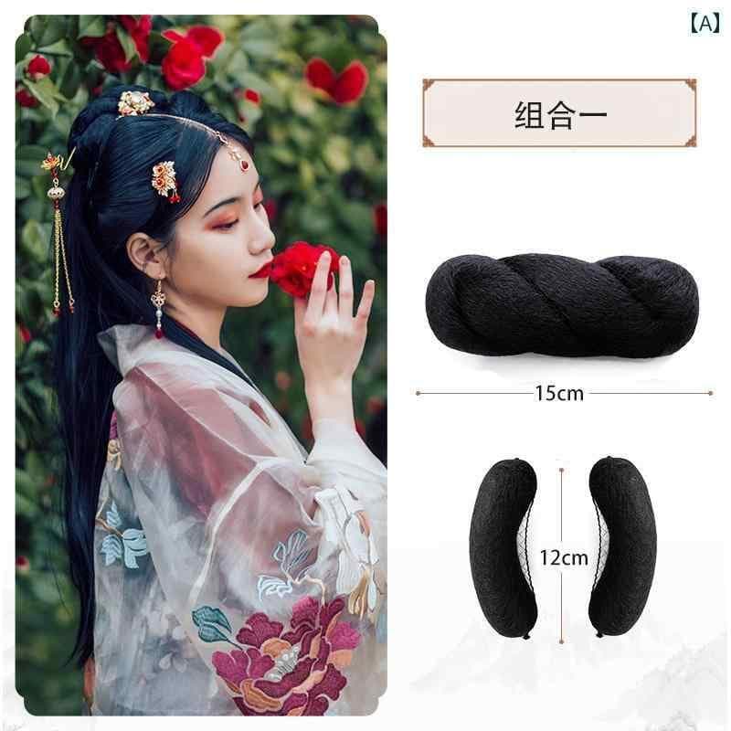 ウィッグ レトロ つけ毛 かつら 舞台 小道具 パフォーマンス コスプレ 漢服 バッグ 衣装 パン ヘア アクセサリー レディース オールインワン ツイスト バッグ ラウンド ホーン パッド ヘア バッグ