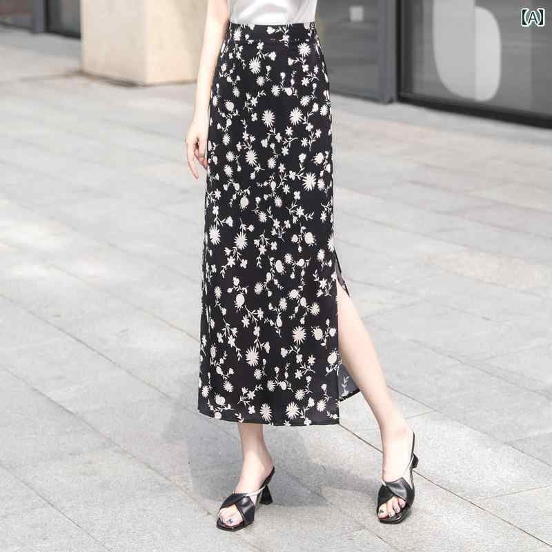 スカート レディース きれいめ 上品 通勤 夏 花柄 シフォン両 サイドスリット ハイウエスト ロング エレガント 着痩せ ストレート