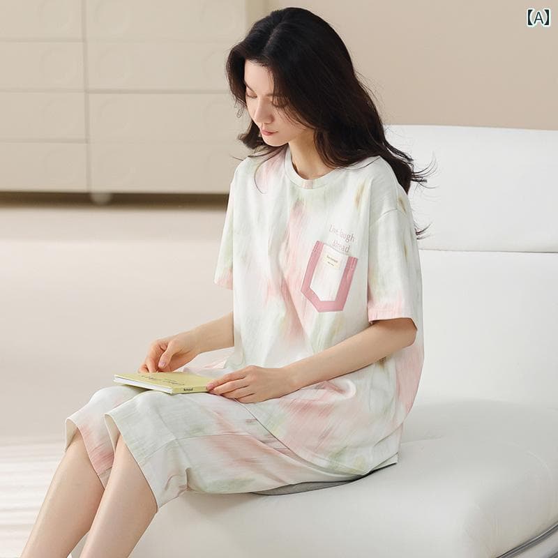 ルームウェア レディース リラックス パジャマ プレゼント 夏 綿 半袖 クロップドパンツ 綿 薄手 涼しい 涼しい 夏 外出 家 着 セット