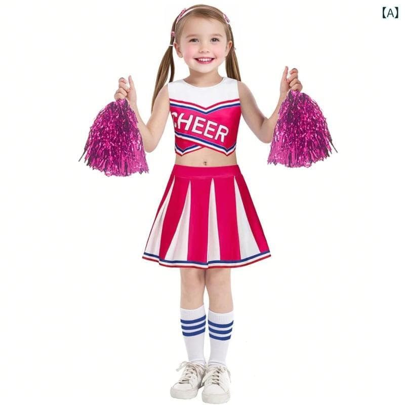 チアリーディング服 女の子 子供 ダンス衣装 運動会 パフォーマンス セット タンクトップ ミニスカート ポンポン ロングソックス アルファベット プリント 再生繊維 柔軟 個性的 活発 オールシーズン