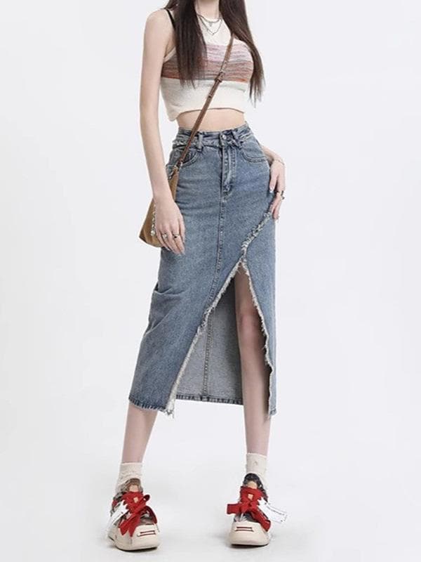 スカート レディース デニム ハイウエスト スリット Aライン ミドル丈 夏 フリンジ ヒップハグ スリム 個性的 ポケット 切り替え アシンメトリー ヴィンテージ風 ブルー かわいい