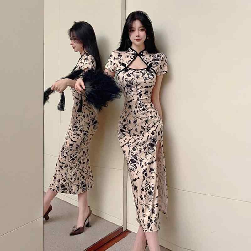ドレス チャイナ レディース 夏 レトロ 花柄 プリント 型 ロング ハイスリット スリムフィット ノースリーブ スタンドカラー ダブルカラー 切り替え キャバ エレガント セクシー ポリエステル