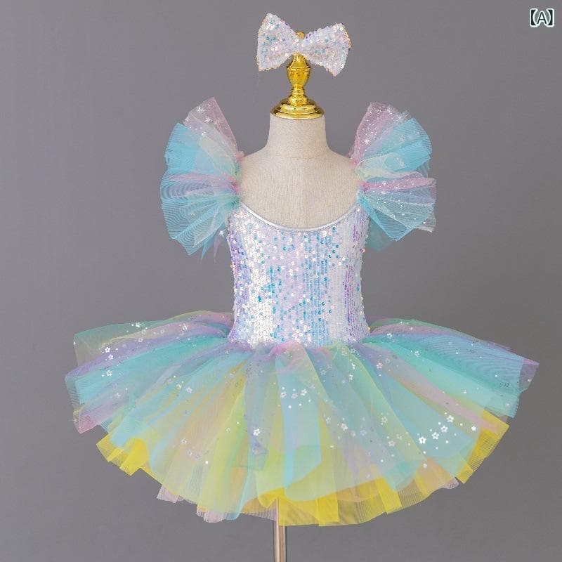 バレエ スカート 女の子 チュチュ 蝶結び ふわふわ チュール グラデーション スパンコール かわいい プリンセス レース 再生繊維 柔軟 プリーツ オールシーズン ライトブルー ピンク イエロー
