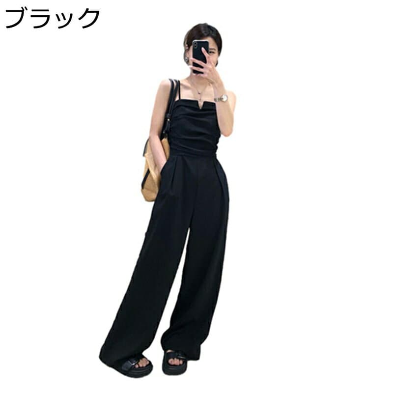 サロペット パンツドレス レディース キャミソール ロングパンツ ワイドパンツ オーバーオール オールインワン ドレス セクシー スリム 簡約 ビジネス風 無地 つなぎ 春夏着 秋服 S M L カーキ 黒