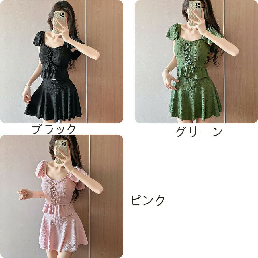 48h300パンツが別になった水着レディースワンピース体型カバーセパレートパンツ別セットオフショルダーショートパンツディアコロン可愛いおしゃれセクシー水着プール海リゾート無地ブラショーツシンプルかわいいオシャレ女性 thumbnail 3