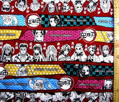 ＜正規ライセンス品＞ Q- キルティング 生地 布 鬼滅の刃（ きめつのやいば ) （ 九人の柱 ボーダー柄 えんじ ）柄番号11キルト 生地幅−約106cm 表地−オックス( きめつ 柱 炭治郎 禰豆子 宇髄天元 うずいてんげん )