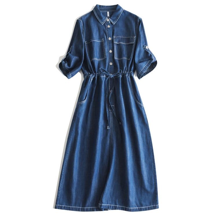 テンセル 綿 デニムワンピース 上品 きれいめ シャツワンピース ロング丈 七分袖 レディース 春 夏 秋 ポケット有り ゆったり シンプル レトロ 着痩せ 高見え カジュアルワンピース 薄手 オーバーサイズ 仕事 通勤 オフィス おしゃれ シャツワンピ ブルー S M L XL thumbnail 2