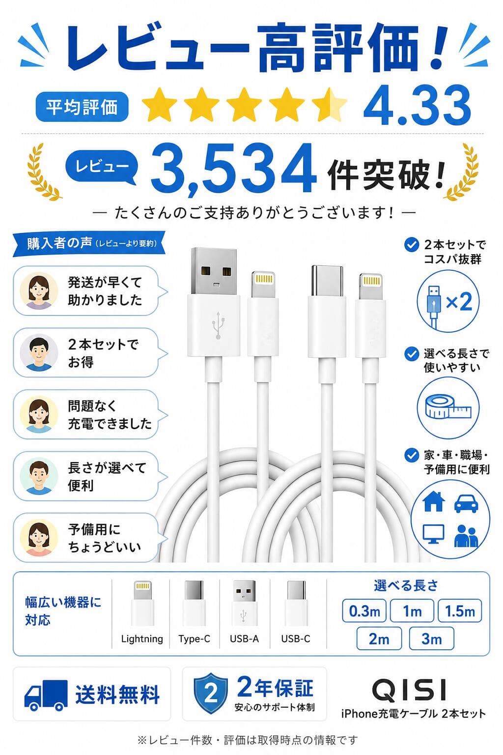 【2点目半額】QISI iPhone充電ケーブル 2本セット Lightning Type-C USB 急速充電 iPhone17/16/15/14/13/SE iPad Android対応 0.3m/1m/1.5m/2m/3m 長さ選べる 高耐久 断線防止 2年保証 送料無料 thumbnail 2
