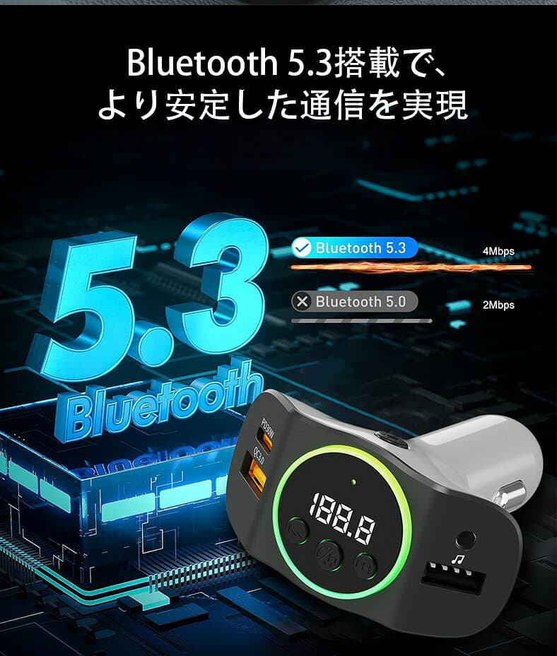 FMトランスミッター 車音楽 Bluetooth5.3 最大45W 3台同時充電 急速充電 iPhone Android カーチャージャーusb メモリ スマホ 車で USB C ポート 高出力 QC3.0 LED 光 シガーソケット 12〜24V車対応 携帯 無線 thumbnail 2