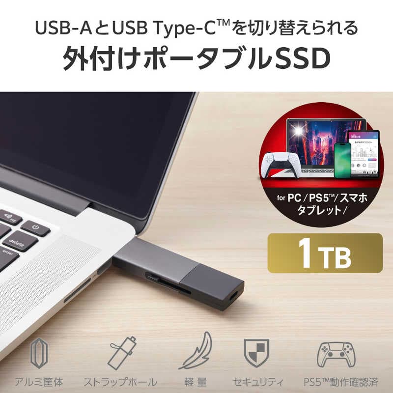 エレコム　ELECOM　SSD 外付け 1TB USB3.2Gen2 読込最大1000MB/秒 USBメモリ型 ポータブルSSD スライド式 高速 耐衝撃 USB Type-C/ USB-A 両対応 ブラック　ESD-EWC1000GBK thumbnail 2