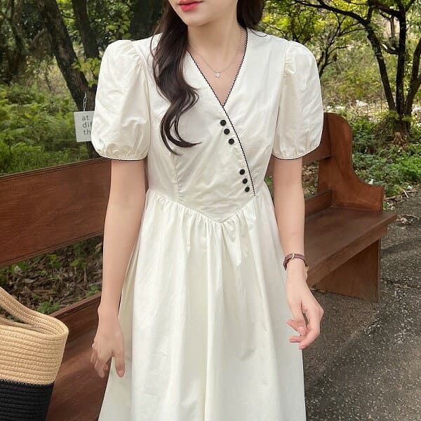 スウィート パフスリーブ Vネック ハイウエスト 春 カジュアルワンピース